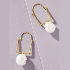 Anthro Freshwater Pearl Hoop Drop Earrings Gold